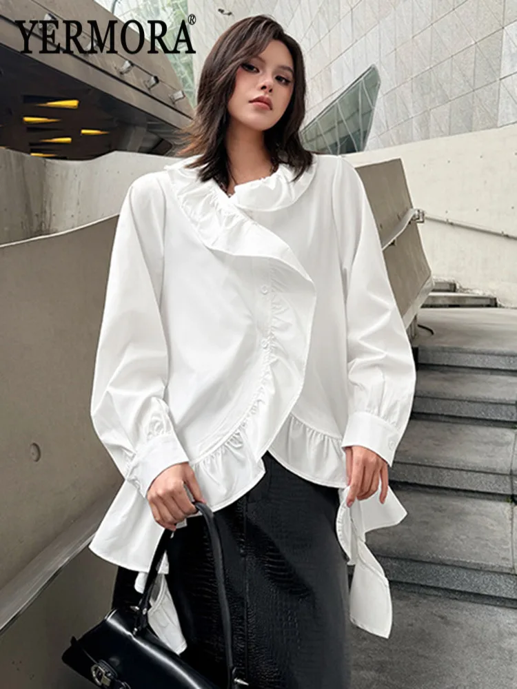 

YERMORA White Irregular Ruffles Button Casual Blouse For Women Lapel Long Sleeve Loose New Shirt Fashion Tide Spring Autumn 2026