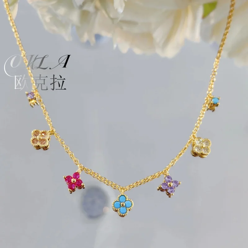 

French Style Retro Dopamine Clover Design Necklaces Clavicle Chain Bracelets Colorful Zircon Earrings Jewelry Sets For Women