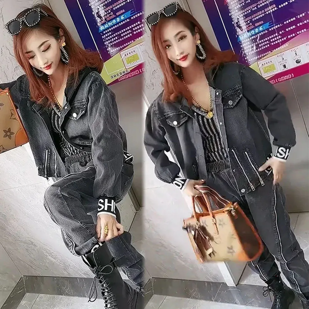 Women's Oversize Denim Jacket + Elastic Waist Loose Jeans 2 Piece Sets Womens Outifits Spring Fall Hooded Coat Pants Set Fashion