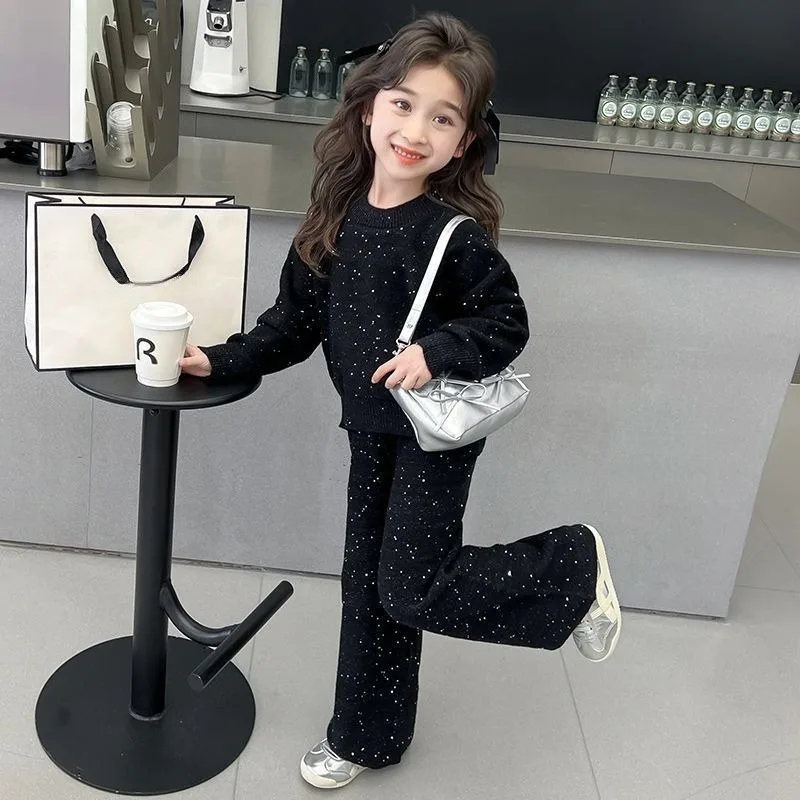 Top & Pants 2-Piece Set Sequined Wide-leg Girl Boutique Clothing Girls Autumn Winter Clothes Children's 11 12 Years Girls' Suit