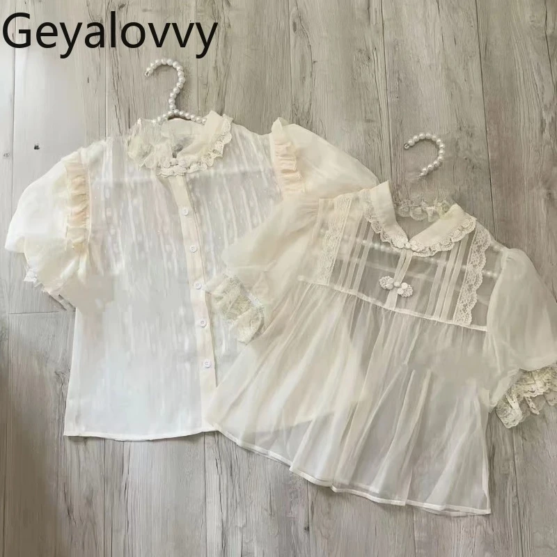 

2025 Summer New Japanese Sweet and Cute Girls Lolita Shirt Bubble Short Sleeve Blouse Super Soft Yarn Inner Top for Women