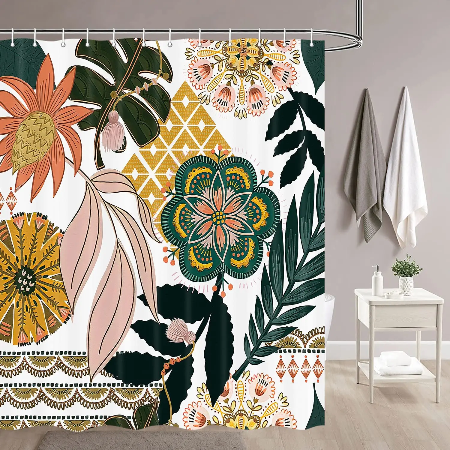 Boho Shower Curtain Abstract Morden Mid Century Leaf with Floral Flower Beige Blue Fabric Bathroom Curtains with Hooks Sets