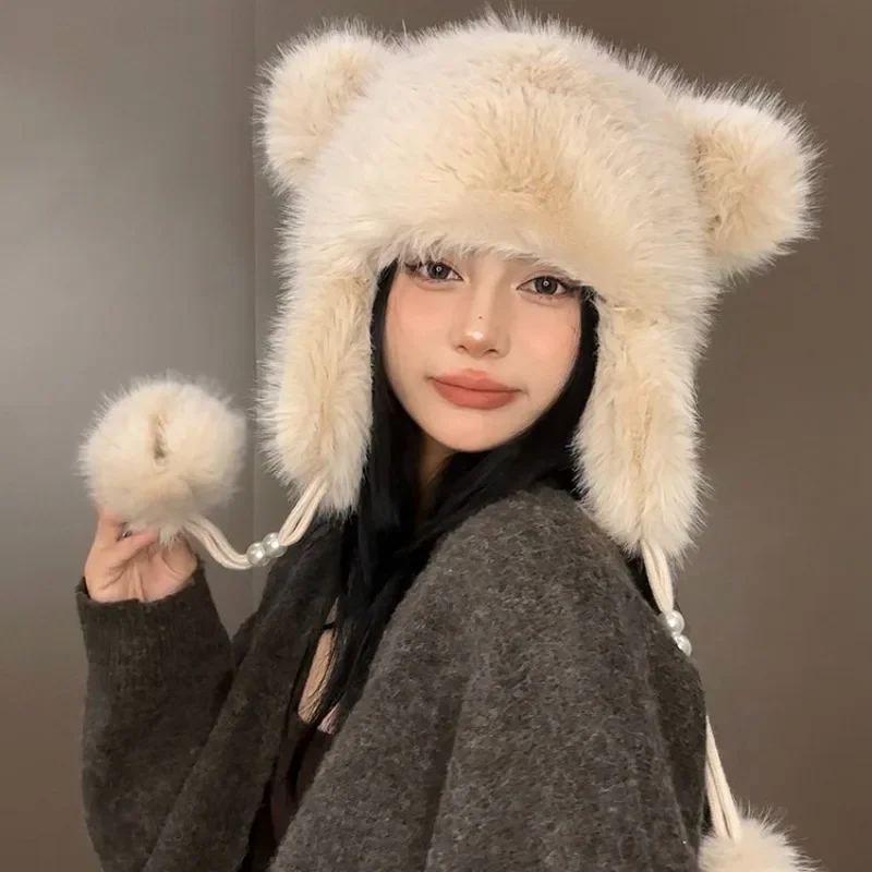 

Winter Ear Protection Fluffy Bomber Hat Women Double-layer Thick Plush Beanies Cap Girls Cute Ears Warm Faux Fur Skullies Cap