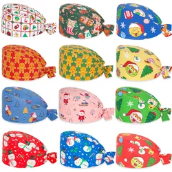 2024 New Christmas Printed Surgical Cap 100%cotton breathable adjustable caps chef working hats medical nurse doctor scrub hats
