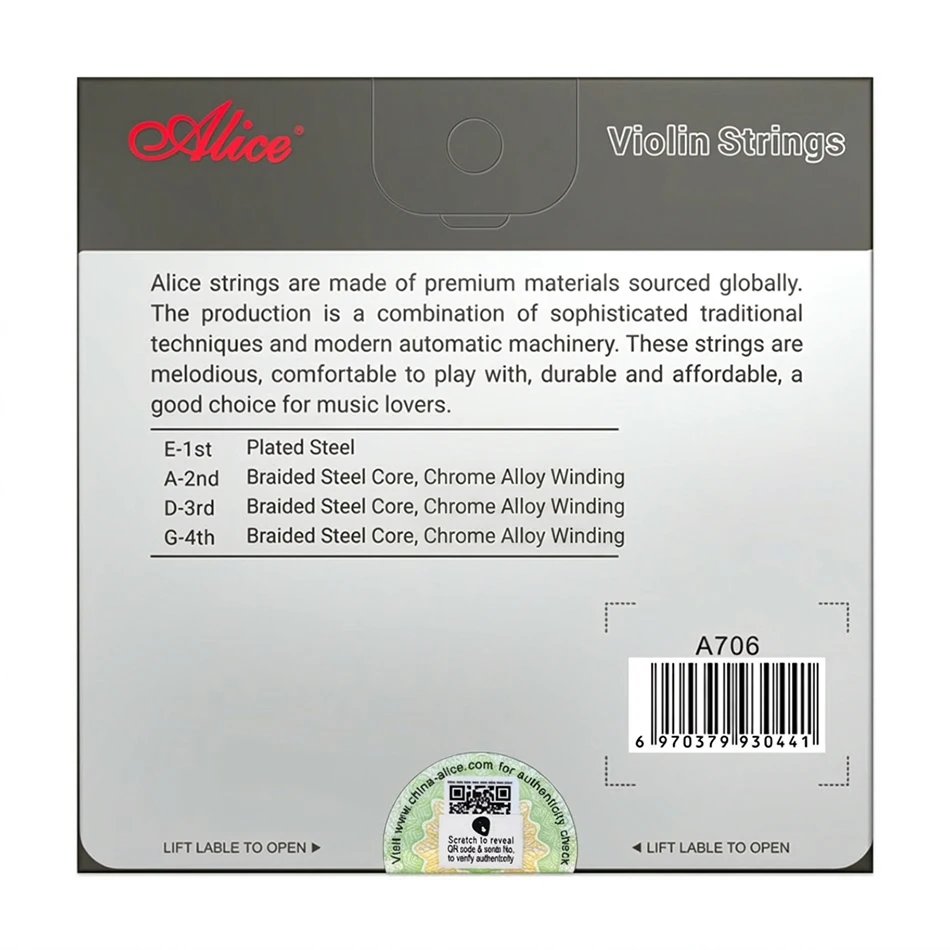 Alice A706 Violin Strings Full Set E,A.D,G Braided Steel Core Chrome Alloy Winding for Violin Size 4/4 3/4 1/2 1/4 1/8