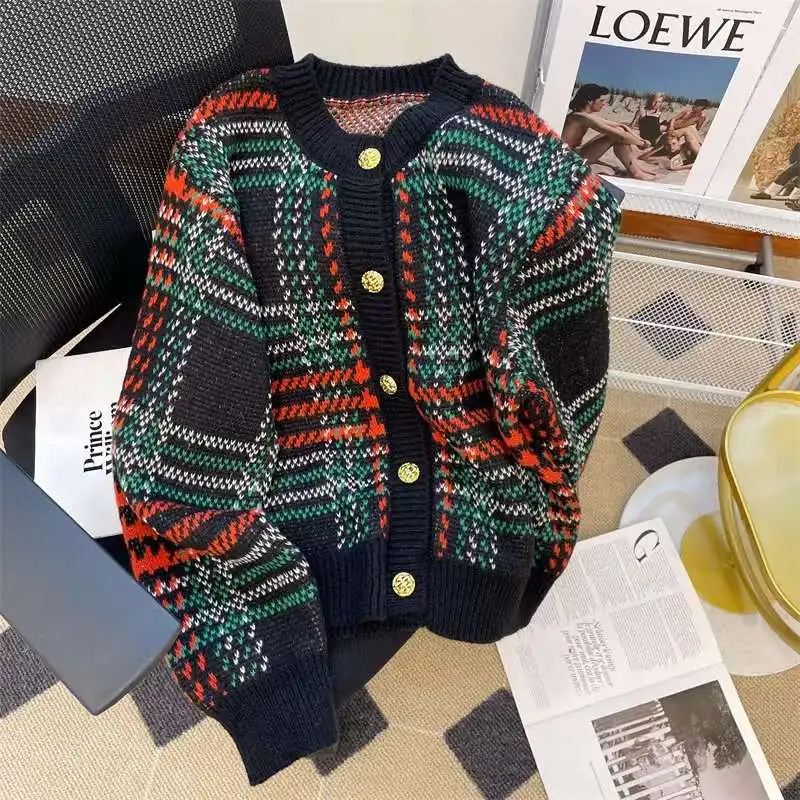 Korean Chic Retro Contrasting Plaid Sweater Jacket For Women Autumn And Winter Unique Ins Long Sleeved Fashionable Knitwear Coat