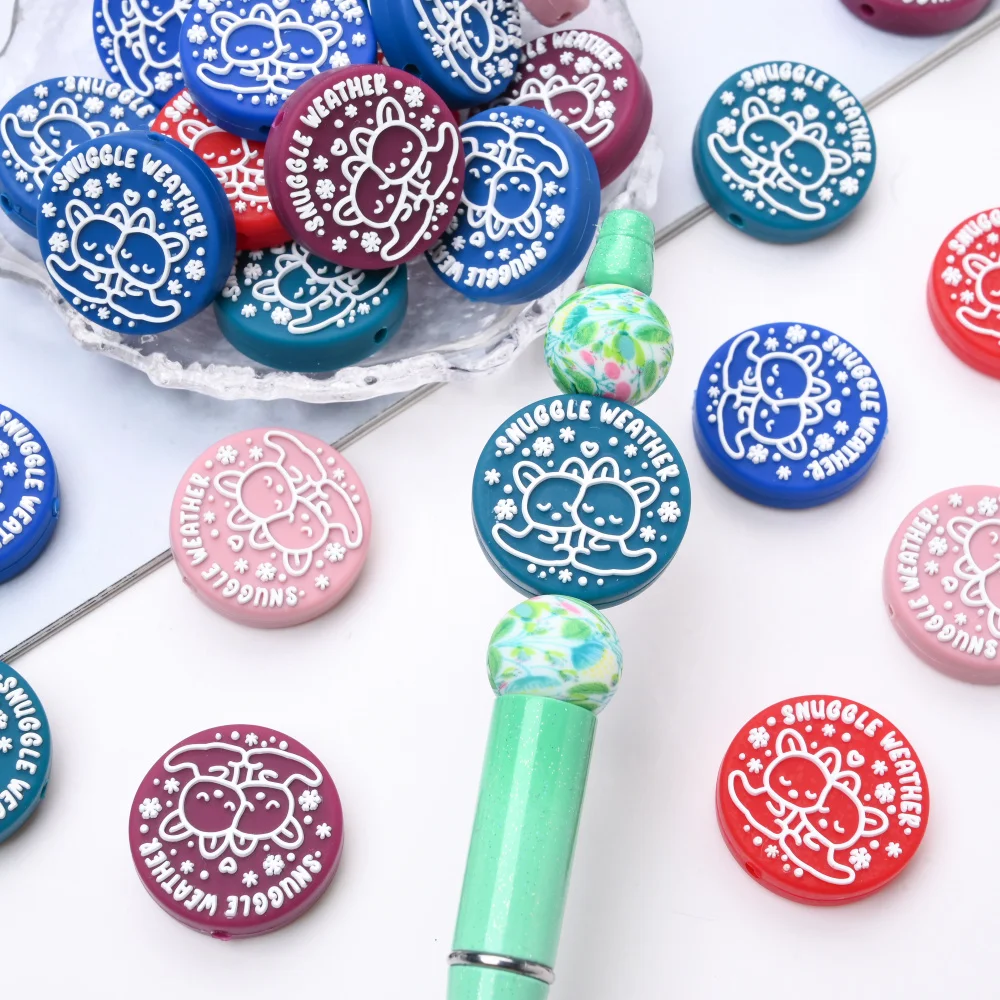 6 stuks leuke cartoon print siliconen kralen platte ronde focal kralen handwerk sieraden accessoires telefoon ketting maken diy materiaal