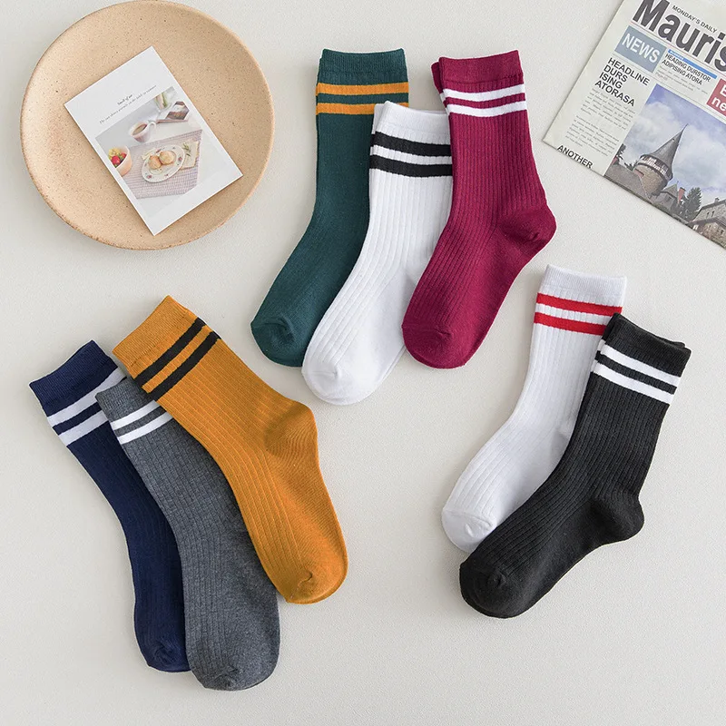 

Unisex Long Knitting Socks Solid Striped Cotton Color Harajuku Retro Black White Crew Socks Japanese High School Loose Socks