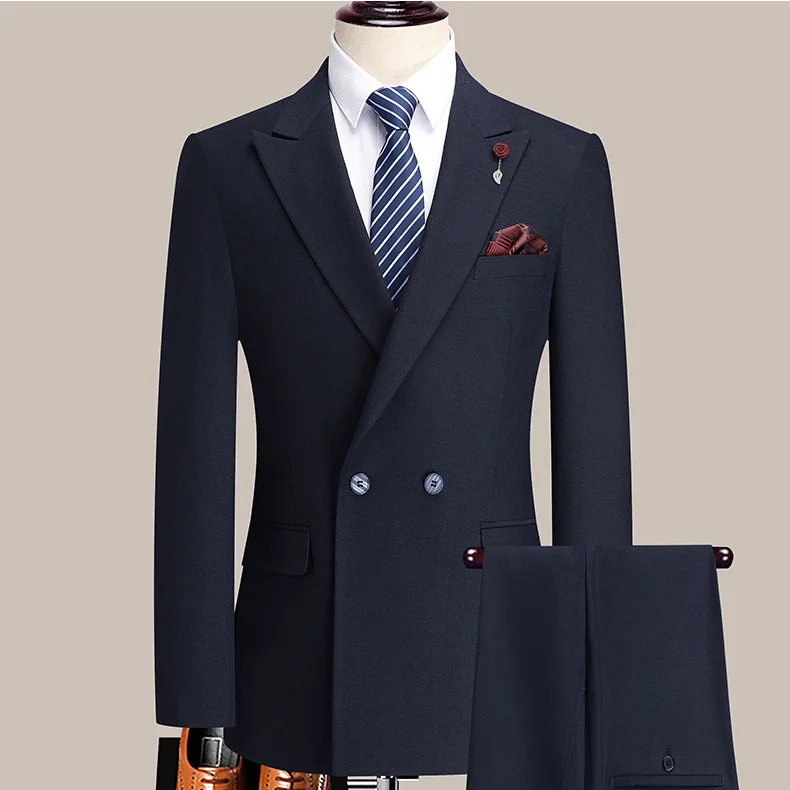 

Мужской костюм KIDWHXR в британском стиле, двубортный, приталенный, из 2 предметов, не требующий глажки, однотонный, для бизнеса и повседневной носки