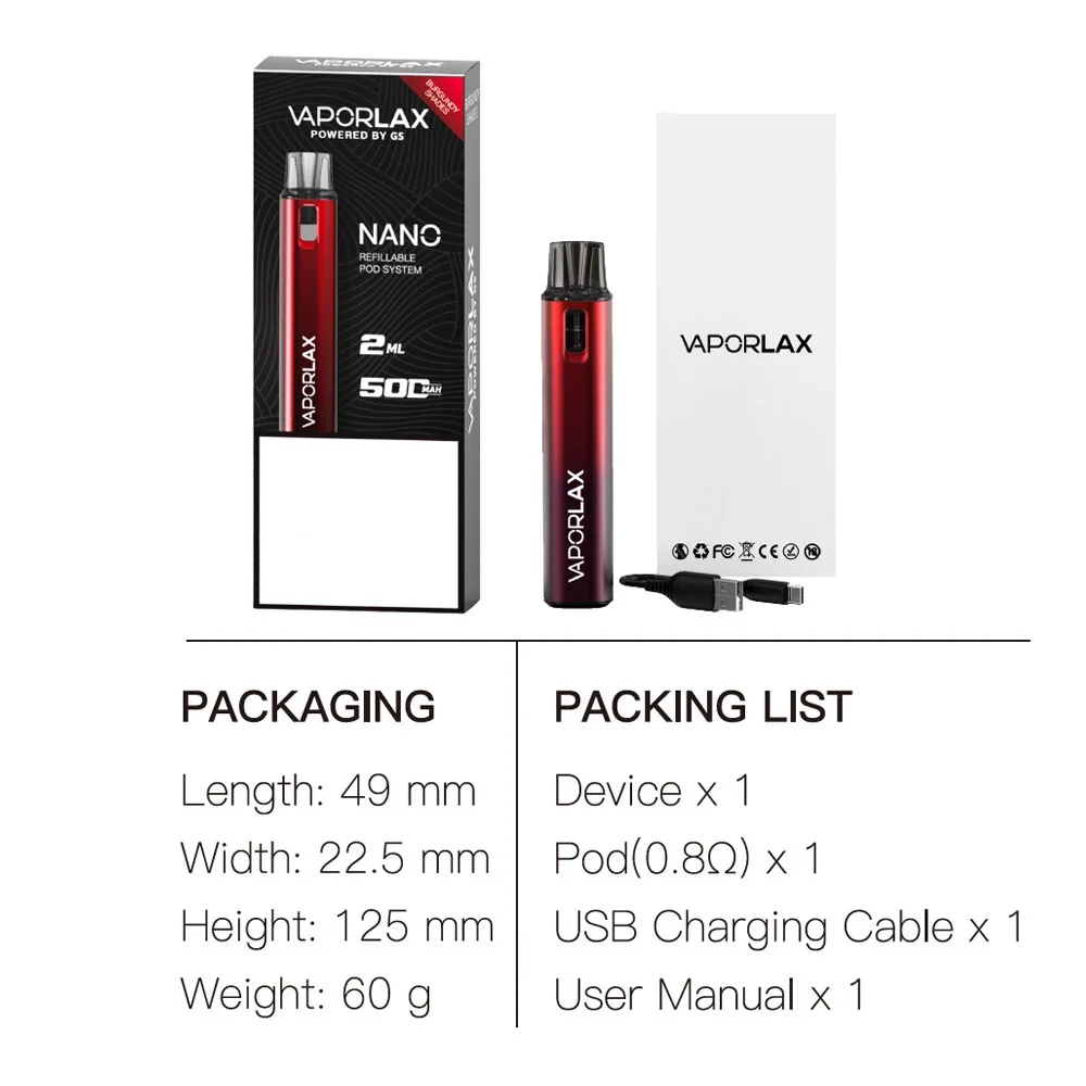 VaporLax Nano Kit de sistema recarregável Pod Eletrônico E Cigarro 500mAh Bateria 2.0ml 0.8ohm Cartucho de bobina de malha Atomizador Vape Pen