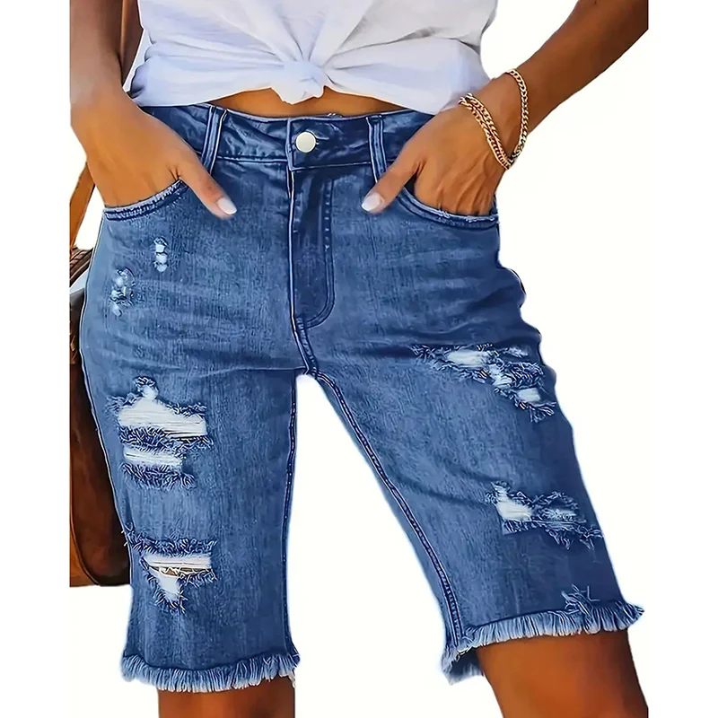 

2025 женские рваные дизайнерские короткие джинсы, женские шикарные узкие короткие брюки с высокой талией, женские тонкие прямые джинсовые шорты