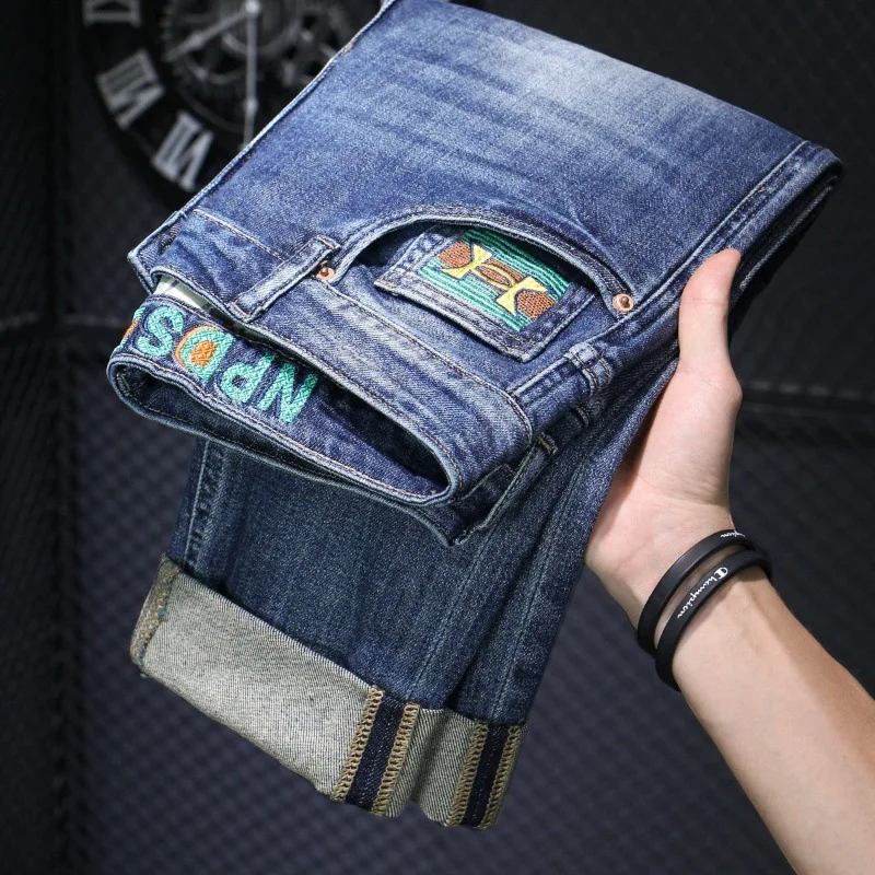 High-End Printed Design Blue Jeans Men's Slim-Fitting Small Straight Fashionable All-Match Embroidered Stretch Men's Trousers