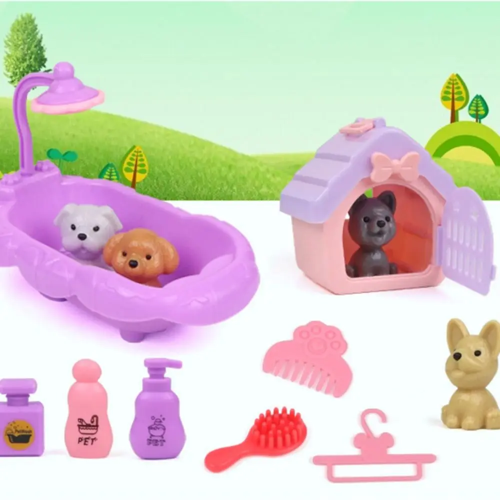 High Quality Cute Mini Puppy Pretend Play Toy Dog Doll Set Animal Dog Pet Basket Toys Kids Toys Visual Senses Scene Playing Toys