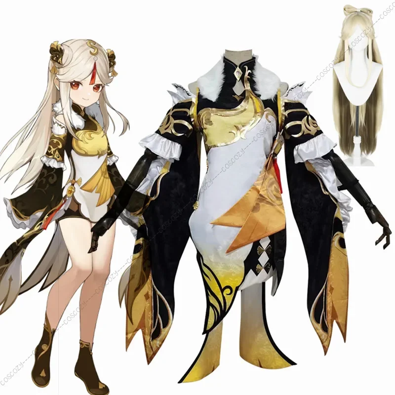 Game Genshin Impact Ningguang Cosplay Costume New Skin Ning Guang Golden Outfit Include Dress Wig for Cosplay Lovers