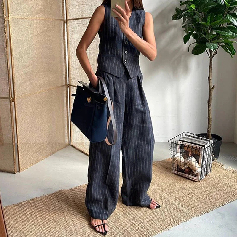 

Elegant Women 2 Piece Set Halter Neck Single-Breasted Pocket Sleeveless Halter Vest Tops+High Waist Zipper Pockets Wide Leg Pant