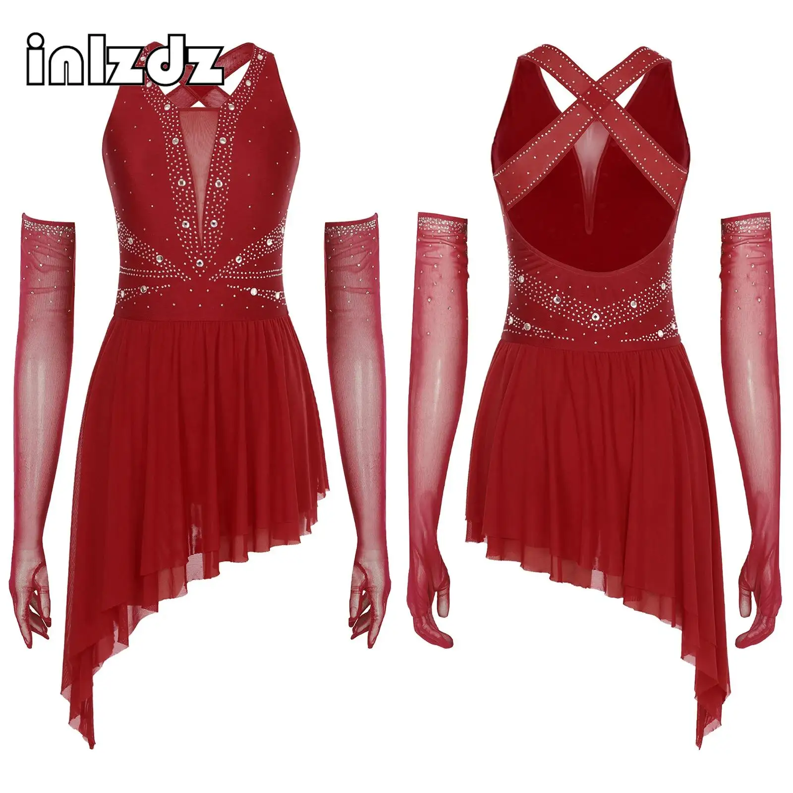 

Womens Figure Skating Dance Dress Set Glittery Rhinestone Sleeveless Asymmetrical Hem with Full-finger Mesh Long Gloves Costume