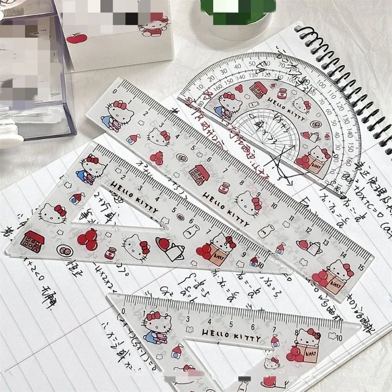 Hello Kitty cartoon animation peripheral cute acrylic ruler four-piece set for students to learn measuring stationery protractor