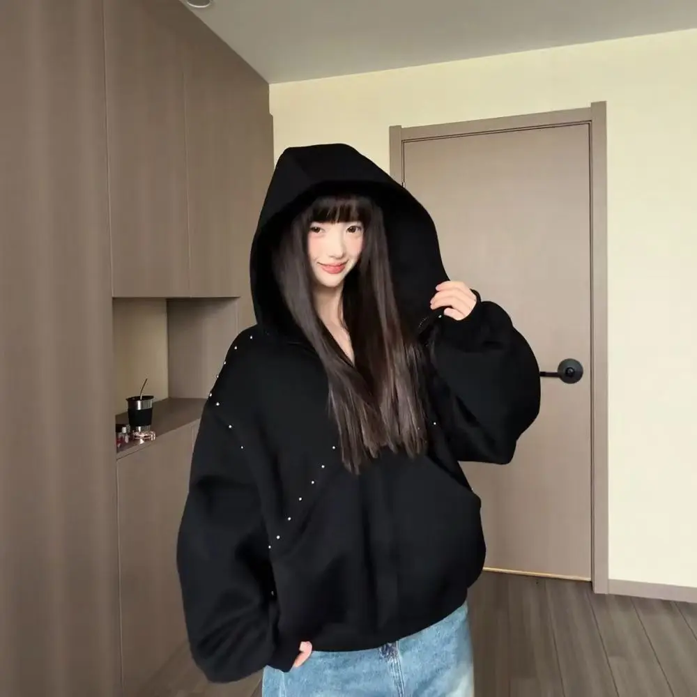 الأمريكية الرجعية برشام الربط سترة مقنعين البلوز المرأة أزياء فضفاضة المتضخم عارضة خمر الكلاسيكية الشارع الشهير