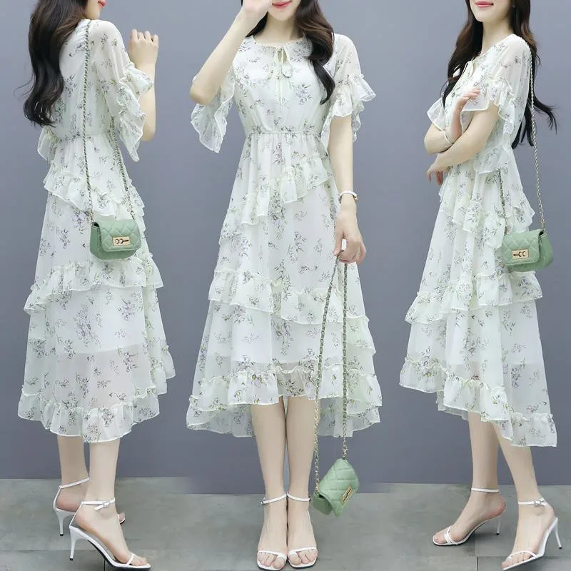 Floral Irregular Women Dress 2024 New Summer Super Fairy Sen Female Waist Slim Temperament Ladies Flared Sleeve Chiffon Dresses