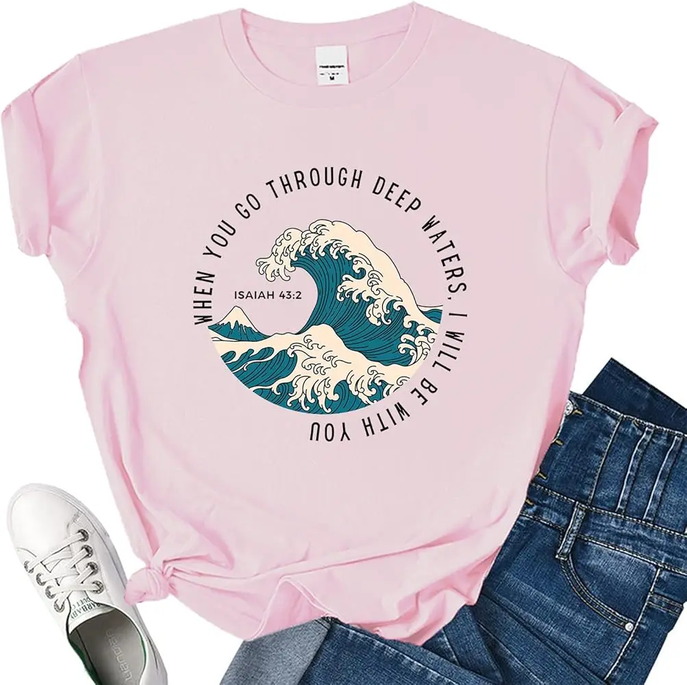 When You Go Through Deep Waters ISAIAH 43:2 Retro Christian T-Shirt  High Quality 100%Cotton Short Sleeve