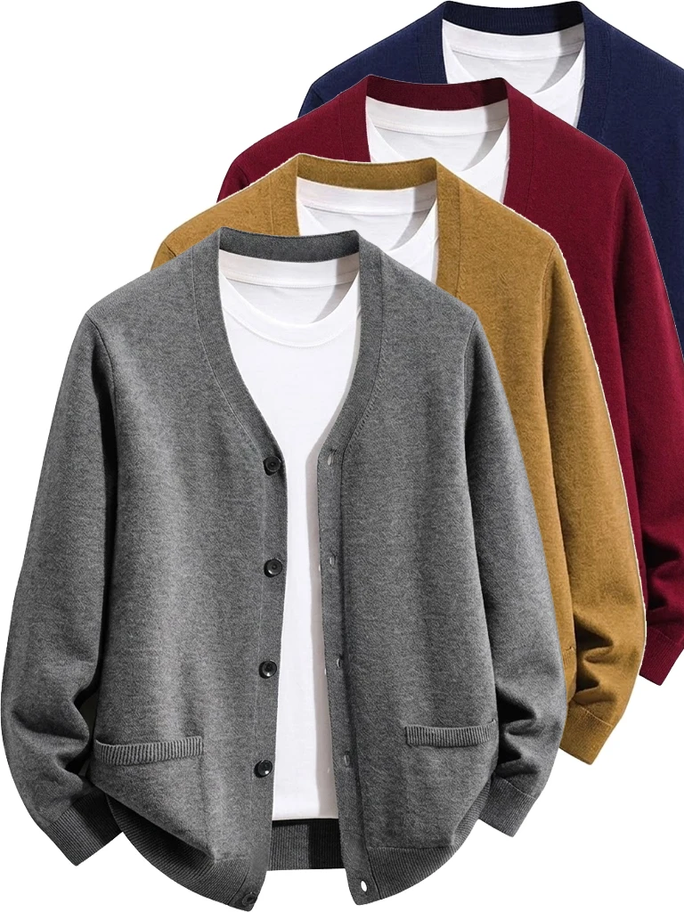 Men's V-Neck Knit Cardigan Sweater Casual Button Down Long Sleeve Warm Coat Jacket Loose Fit Winter Sweatshirts with Pockets