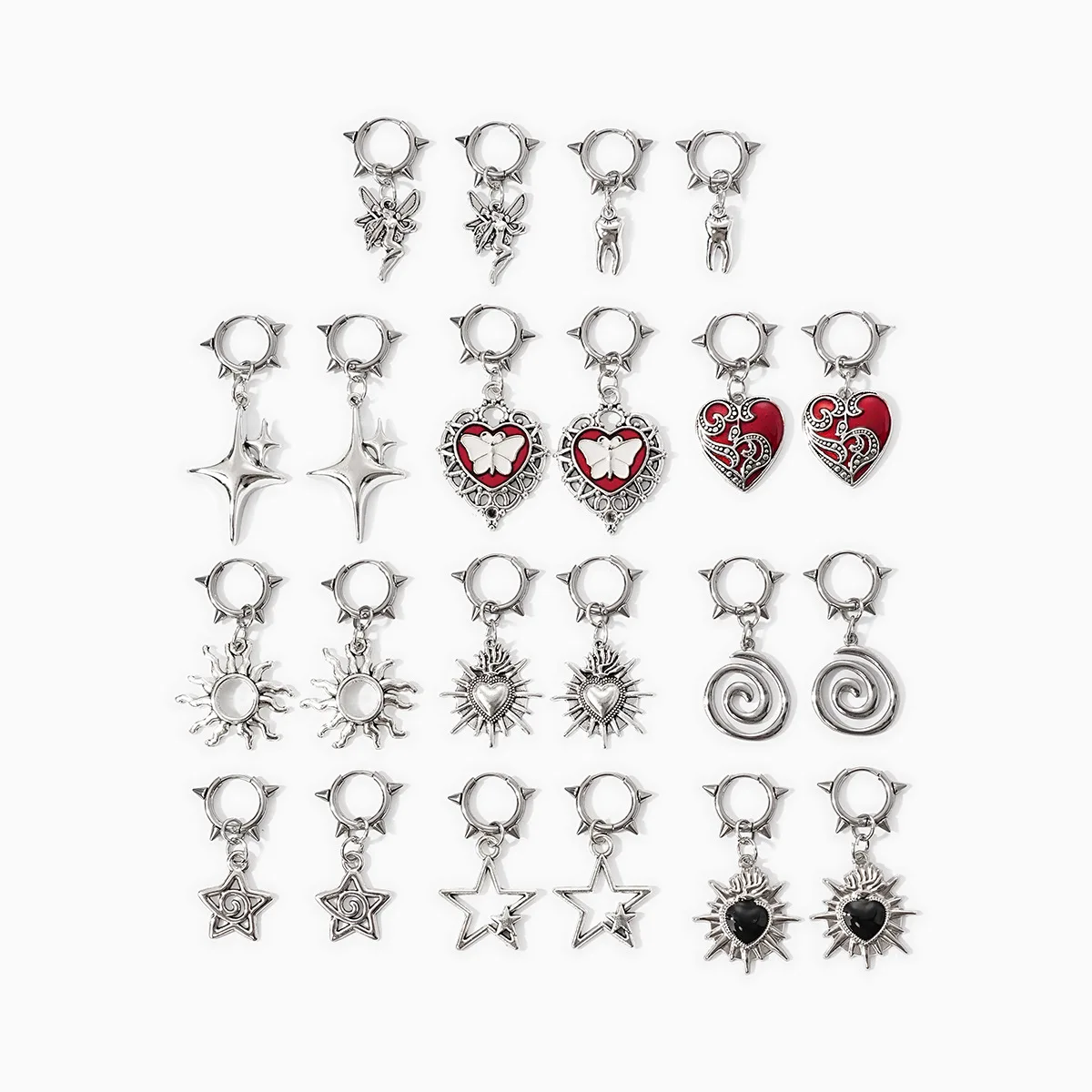 

PESENAR Gothic Red Black Heart Star Earrings, Punk Silver Stud & Hoop Earrings, 12 Styles
