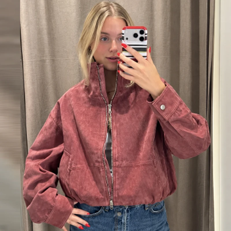HXAO Damen-Bomberjacke aus Kunstwildleder in Burgunderrot, Herbst, lässig, Oversized, mit Reißverschluss, Stehkragen, langärmelig, schicke Oberbekleidung – Detail 10