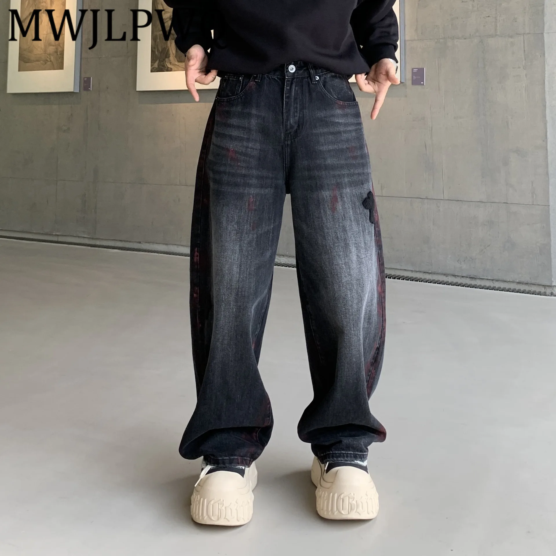 

MWJLPWQ American High Street Embroidered Wide-Leg Jeans For Men Trendy Loose Straight-Leg Lazy Style Floor-Length Pants 12149