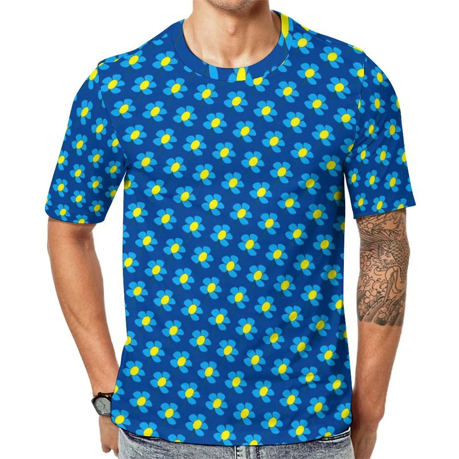 Couple Blue And Yellow Daisy T-Shirt Vintage Floral Trending T Shirts Short-Sleeve Graphic Tops Hot Sale Summer Big Size Tees
