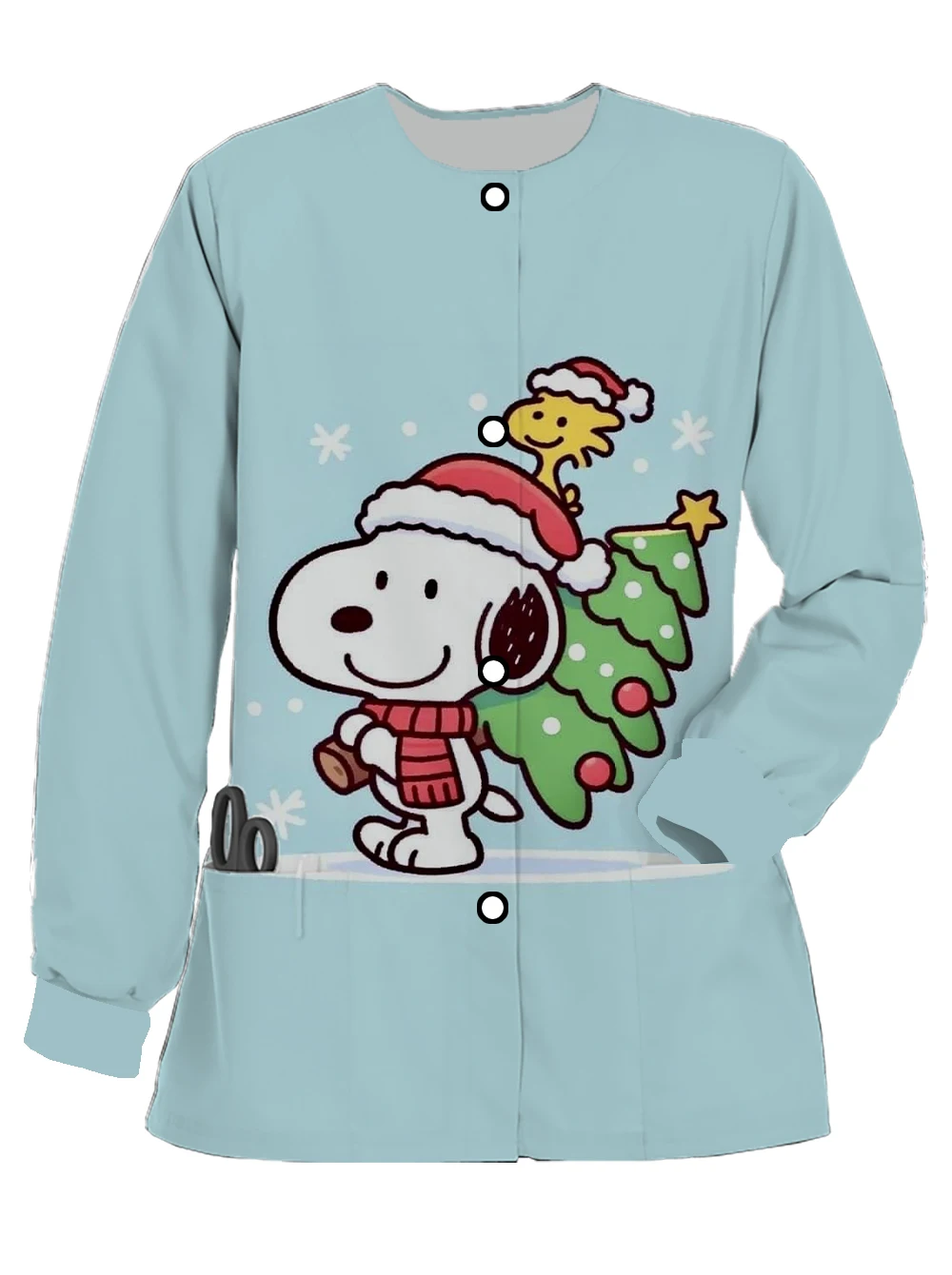 Hot sale in spring and autumn, Christmas series, Snoopy print round neck women's long sleeve nurse uniform, doctor work uniform