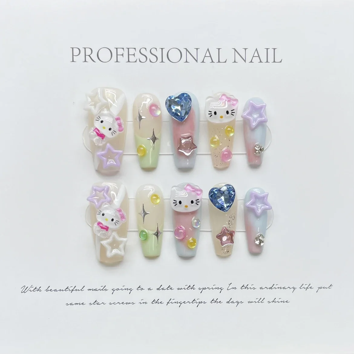 10pcs Hello Kitty Detachable Handmade 3D Finished False Nails Patch Dopamine Macarone Color Y2K Girls Jelly Pressed Nail Patch