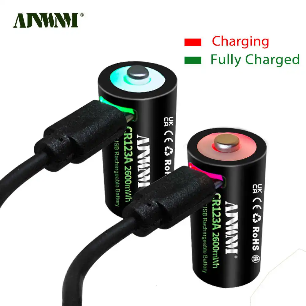 AJNWNM CR123A Battery 2600mWh 3.7V Rechargeable Li-ion 16340 Batteries For LED Flashlight 16350 RCR123 Battery+USB Type-c Cable