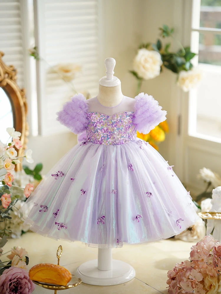 Childrens Dress Purple Butterfly Princess Dress Little Girls Birthday Stylish Fluffy Skirt Sequin Dress for Girl Childrens Dress