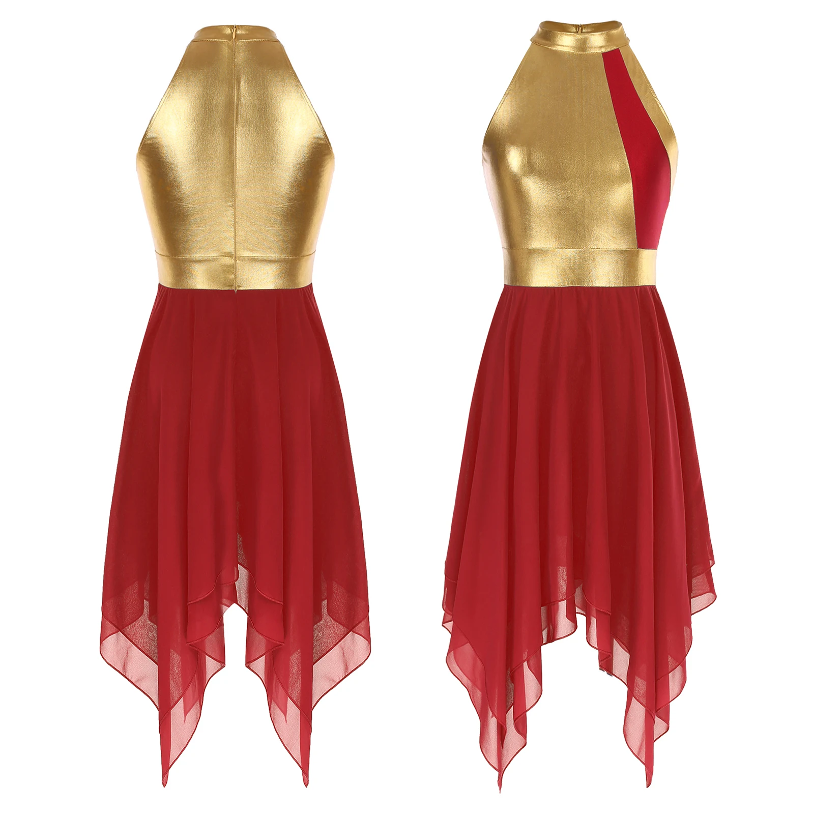 ‌Women’s Soft Chiffon Waltz Dance Dress Round Neck Comfortable Stretchy Flowy Skirt for Lyrical Dance Stage Special Occasions