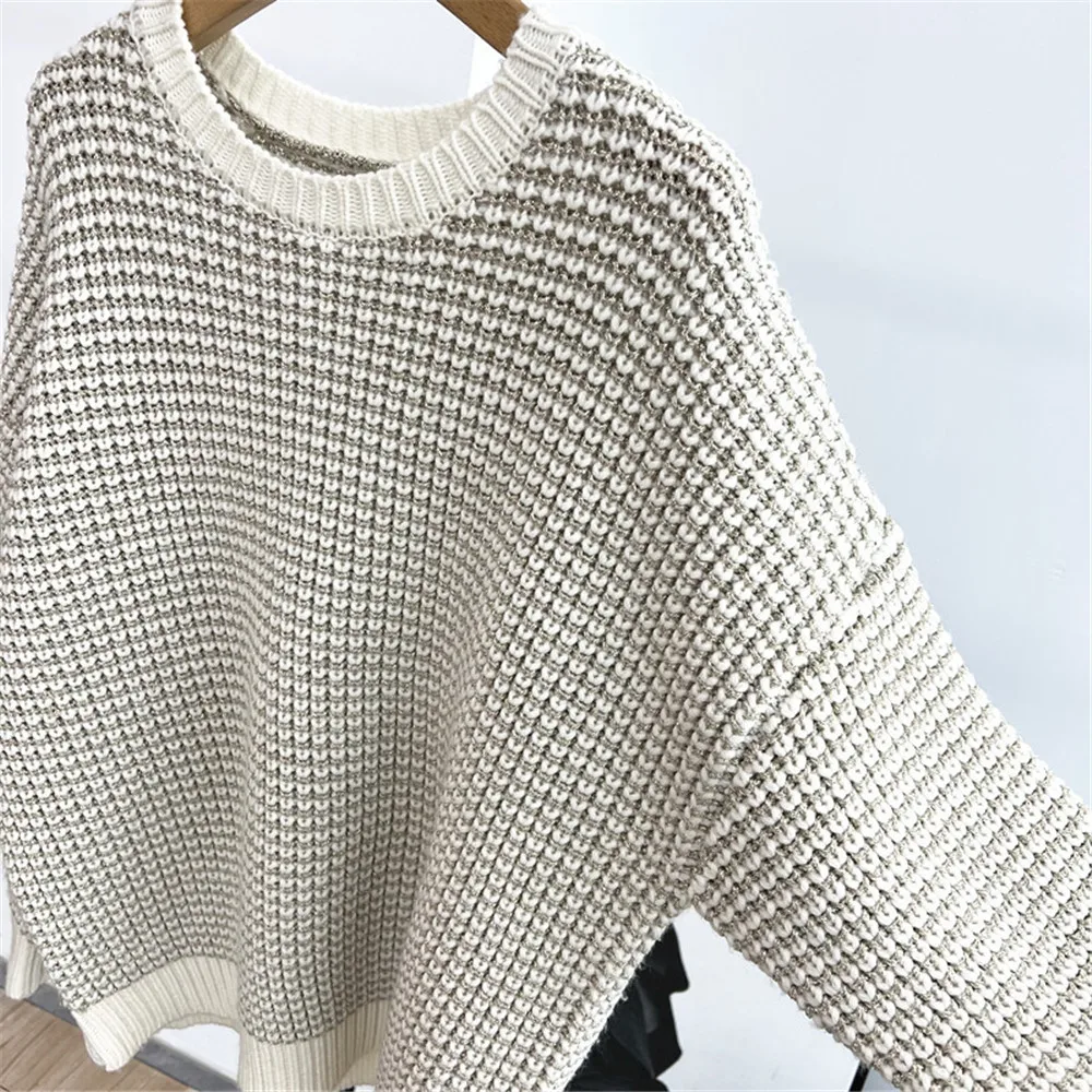 Damski sweter z okrągłym dekoltem, długim rękawem, łączony z efektownym jedwabiem, luźny, mieszanka kaszmiru, dzianina, kolekcja Jesień/Zima 25