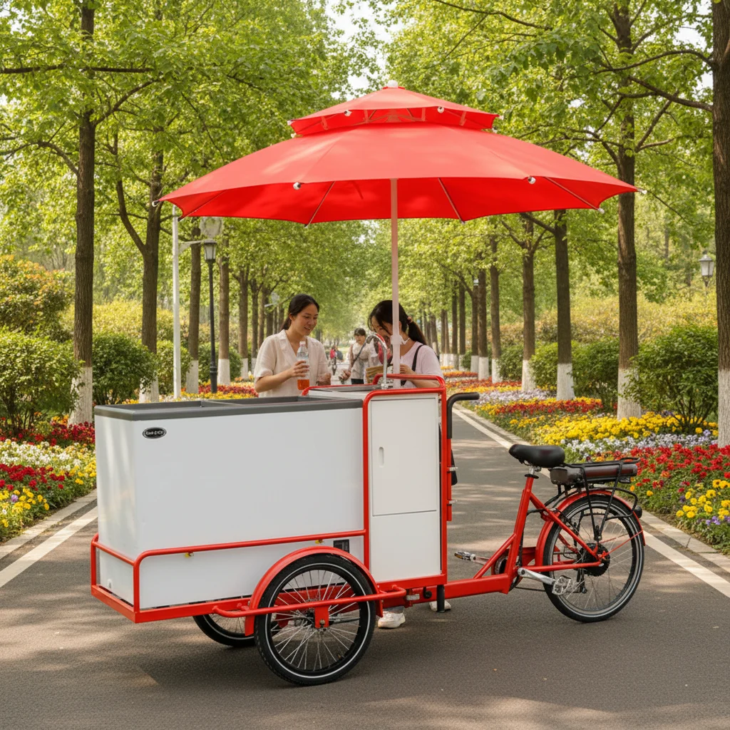 Red Freezer Cart, Ice Cream and Cold Drink Delivery Cart, Street Scene Stall Selling Cart, Reverse Riding Tricycle