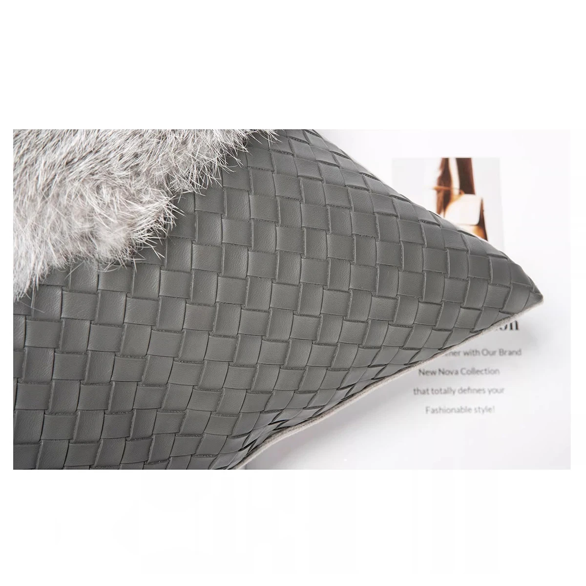 Light Luxury Leather-Patched Black and Gray Pillow High-End Rabbit Fur Accent Pillow Sample Room Pillow