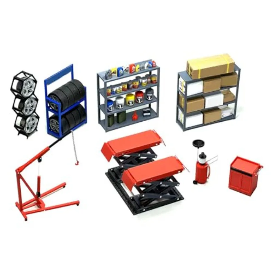 

1/18 Scale Car Repair Garage Model Set with Lift and Tire Rack for DIY Shop Scene Compatible with RC Cars or Display Cars Metal