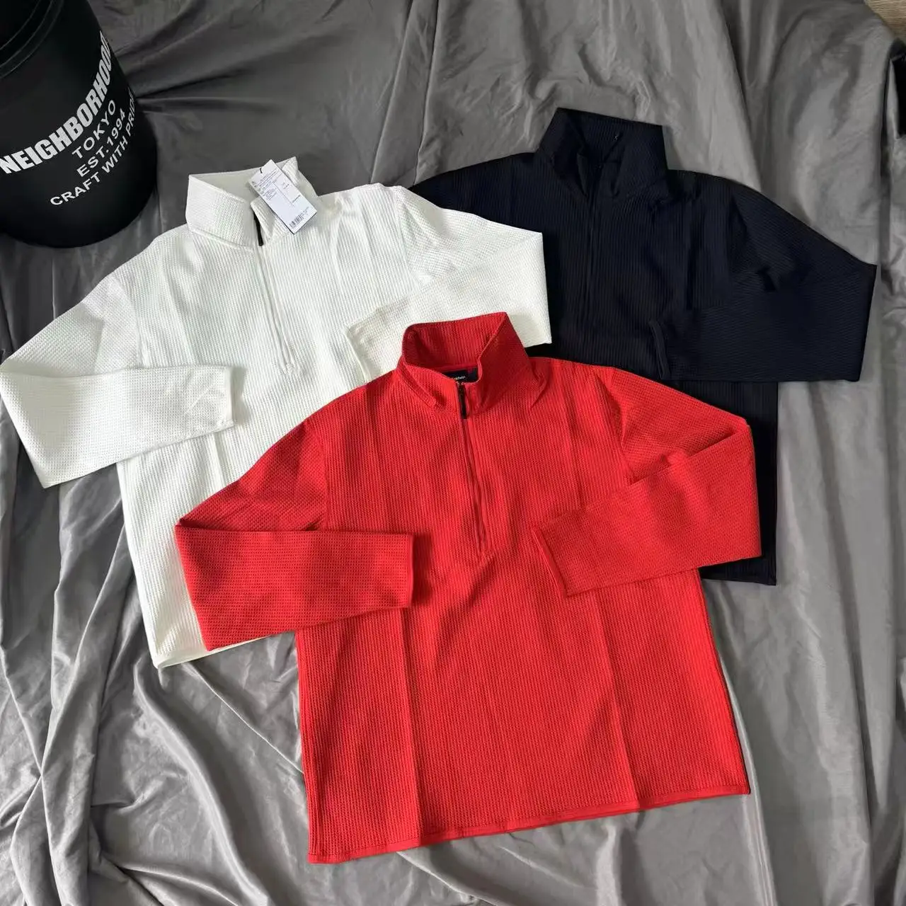 Trendy Outdoor GW Half Zip Long Sleeve T-Shirt Unisex Loose Fit Waffle Patterned Top for Men And Women