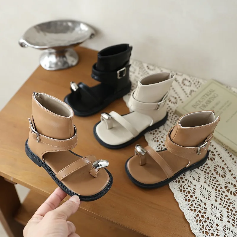 Mumoresip Children High-top Roman Sandals Summer Girls Beach Sandals Solid Color Hollow-out Kids Causal School Gladiator Sandals