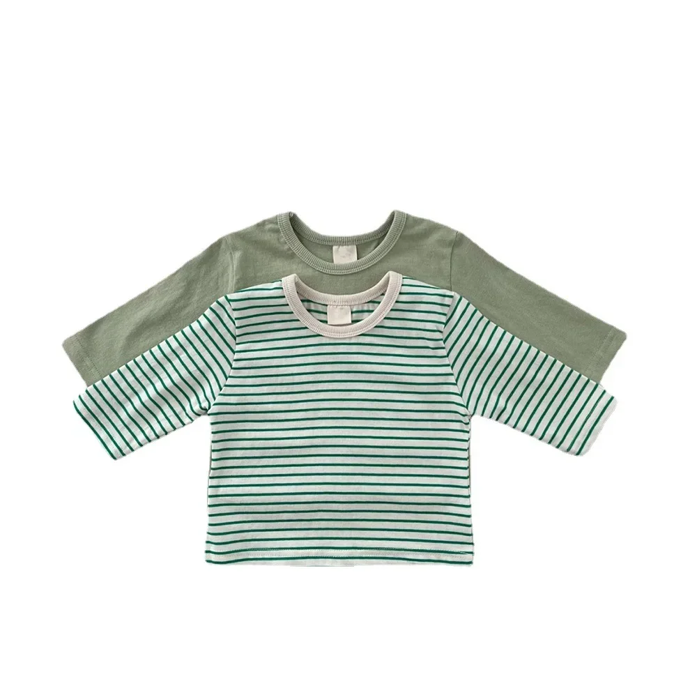 2023 Autumn Blouse with Sleeve for Baby Boys Simple Striped Long Sleeve T-shirt Pullover Bottoming Shirt Girls Cotton Undershirt