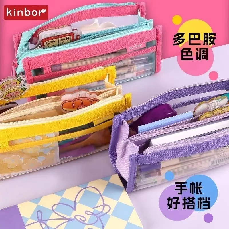 Kinbor-Estuche de lápices de Color caramelo, bolsa de almacenamiento transparente de tres capas de gran capacidad, papelería escolar para estudiantes, 2023