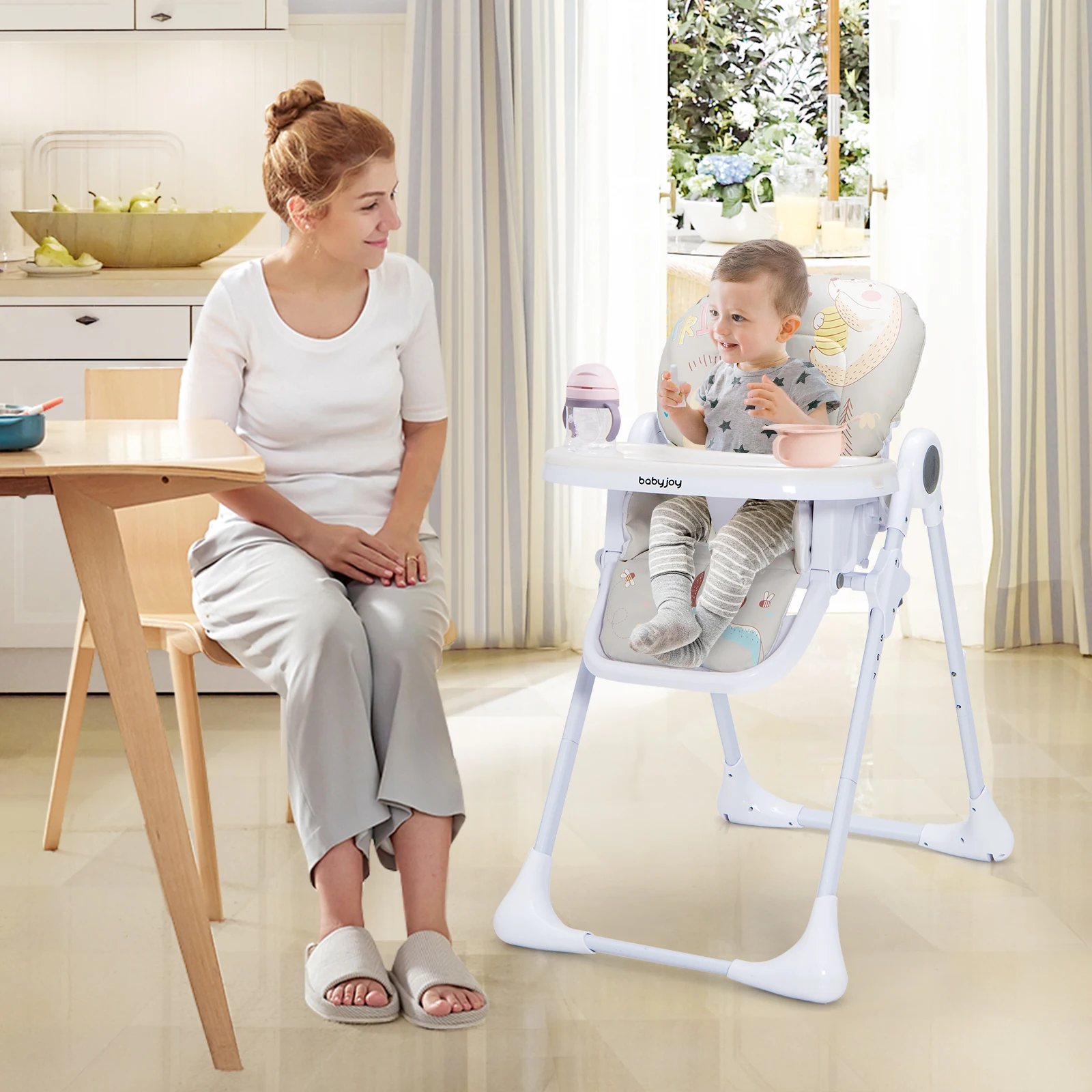 Baby High Chair Folding Feeding Chair W/ Multiple Recline & Height Positions