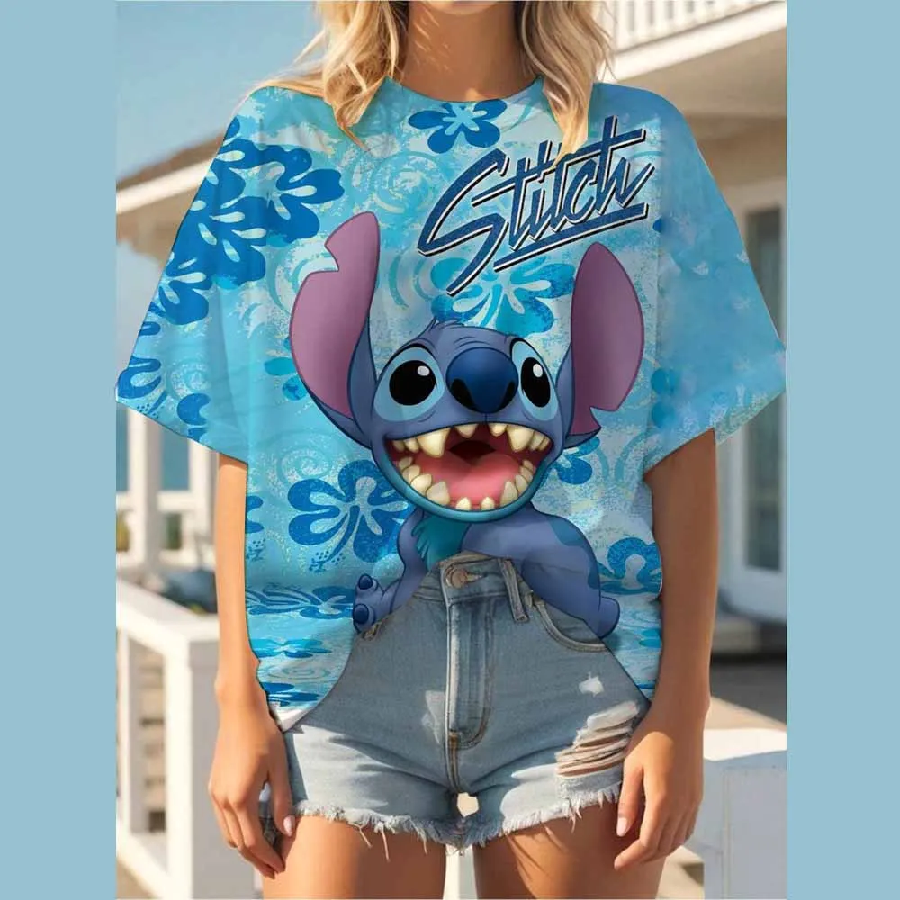 

Disney Summer Fashionable Women's T-Shirt Stitch Lilo print Short Sleeves Loose Fit Medium Length Trendy Top Crewe Neck Tops