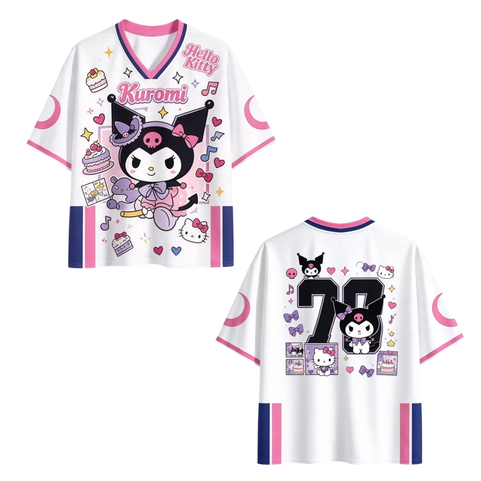 Kuromi 3D Print V-Neck Mesh Jersey White Cake Music Notes Unisex T-shirt Casual Kawaii Cartoon Fans Oversized Y2K Streetwear Top