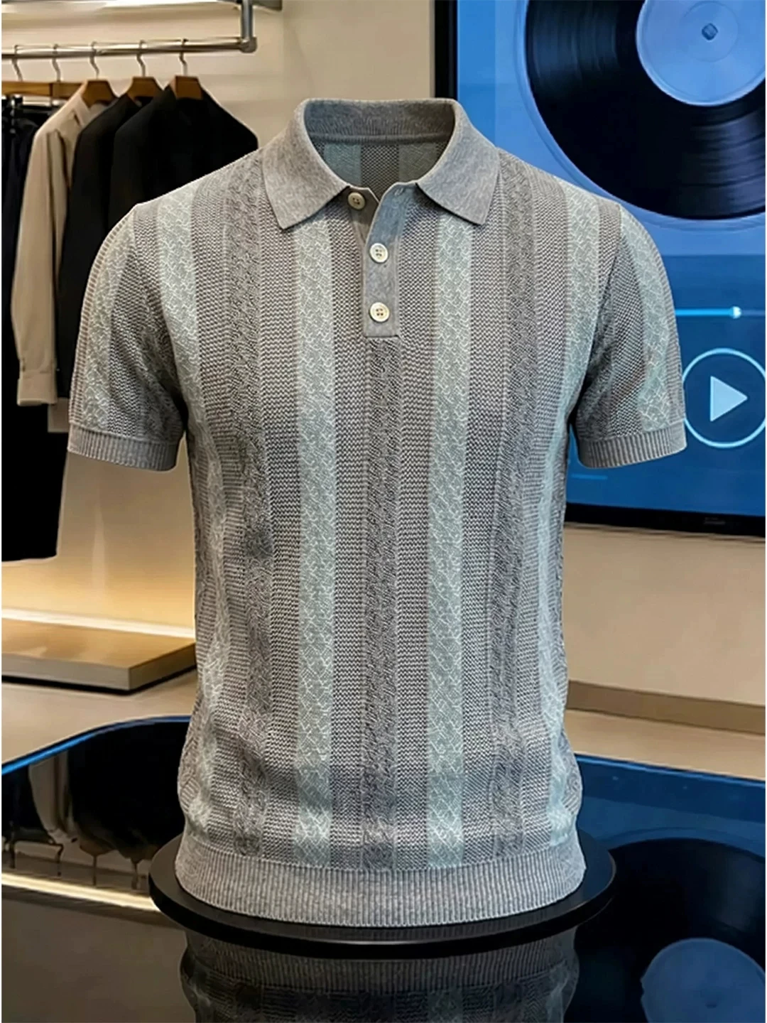 

Cooling Sensation Short Sleeve Shirt Knitted Half Sleeve Striped Texture Men's Summer Breathable Casual Style T-Shirt