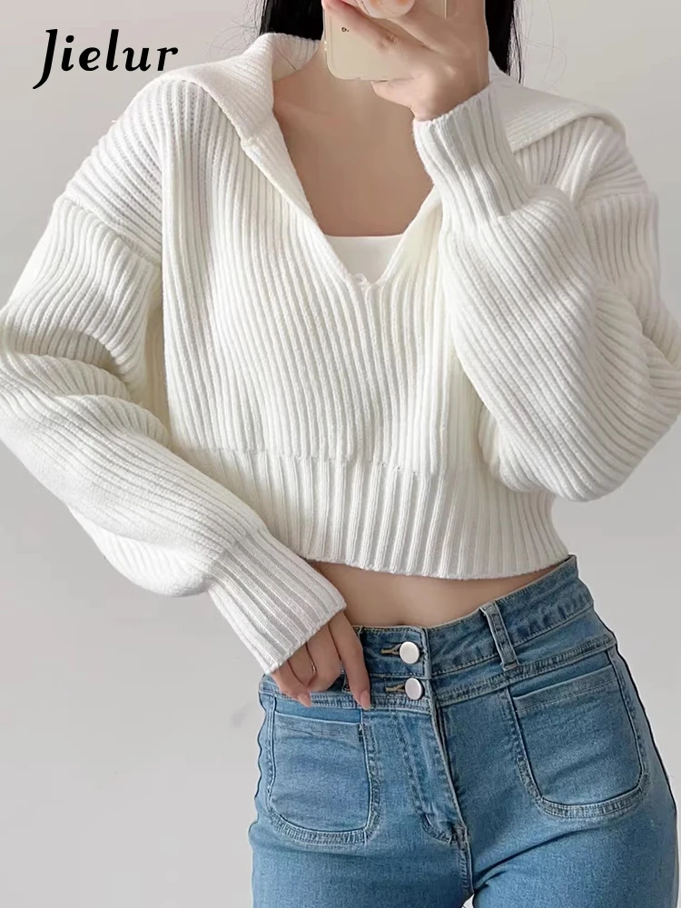 Jielur French Loose Solid Color Women Pullovers V-Neck Knitted Sexy Pullovers Woman White Black Grey Khaki Korean Sweater Female