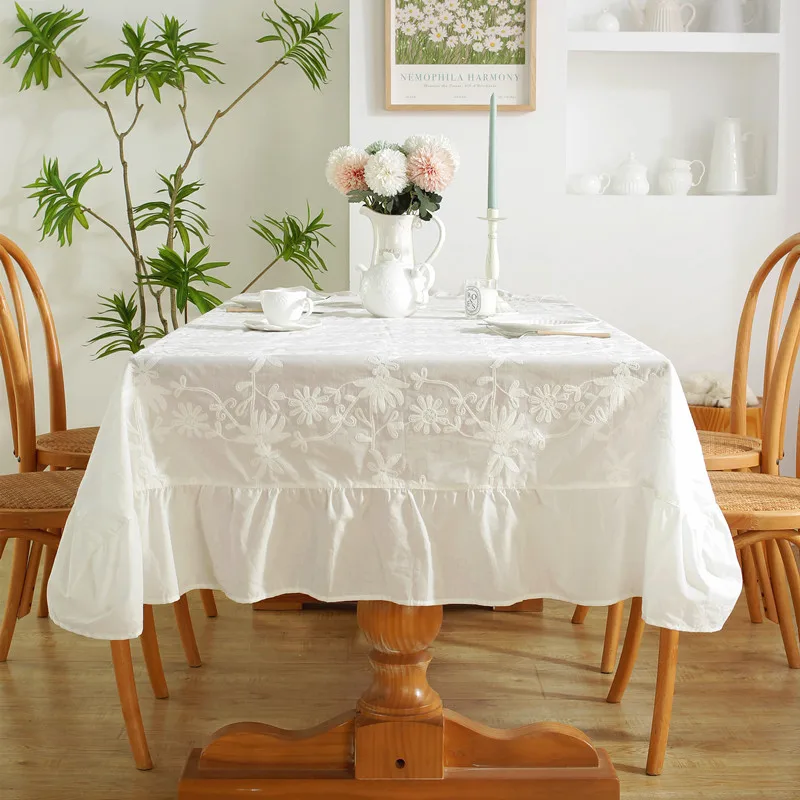 Pure Cotton Blue and White Porcelain Tablecloth French Waterproof Table Mat with Flounces Luxury Embroidered Dining Table Decor