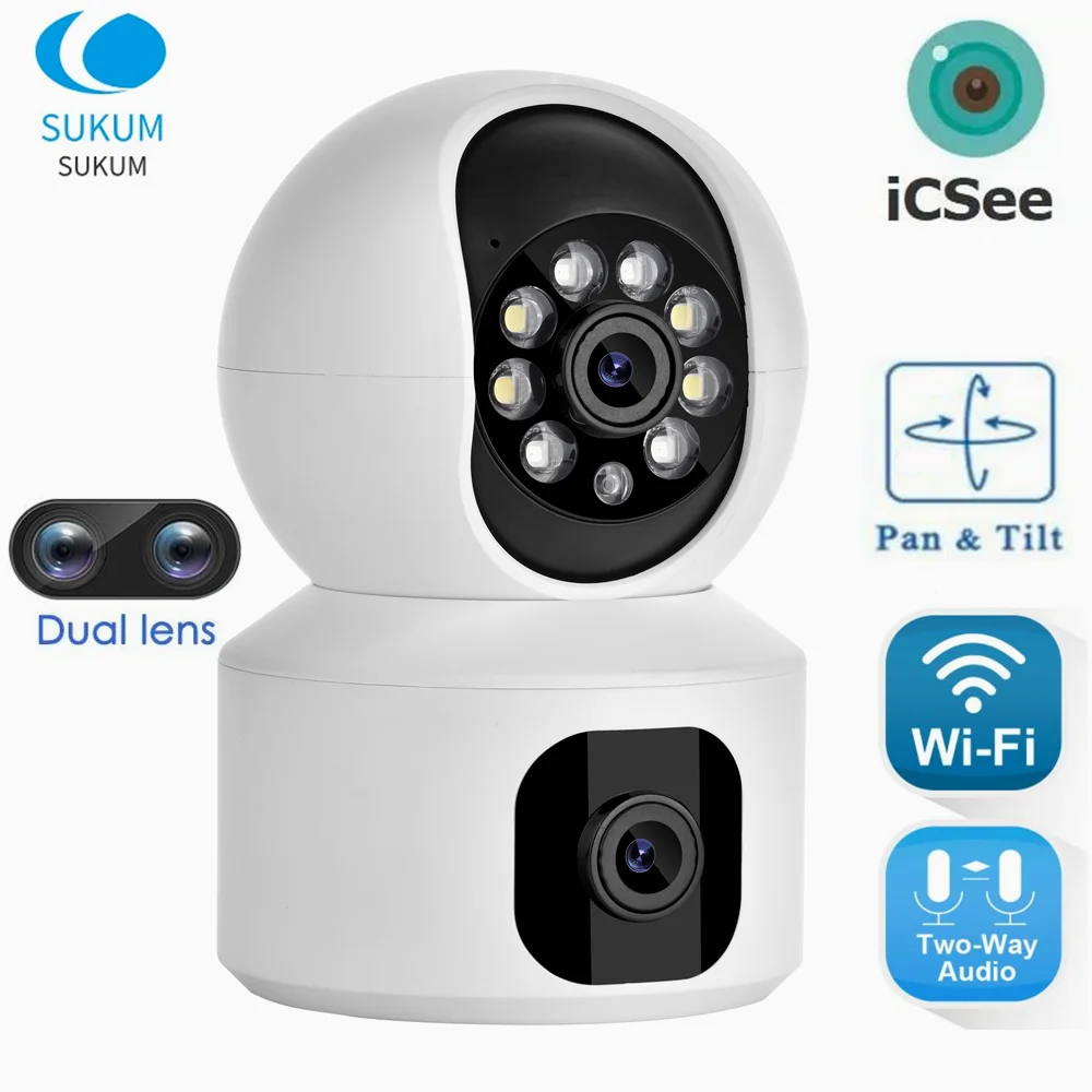 

6MP Dual Lens ICSee MINI WIFI Camera Dual Screen Two Ways Audio Security Protection Wireless Smart Home Indoor Camera