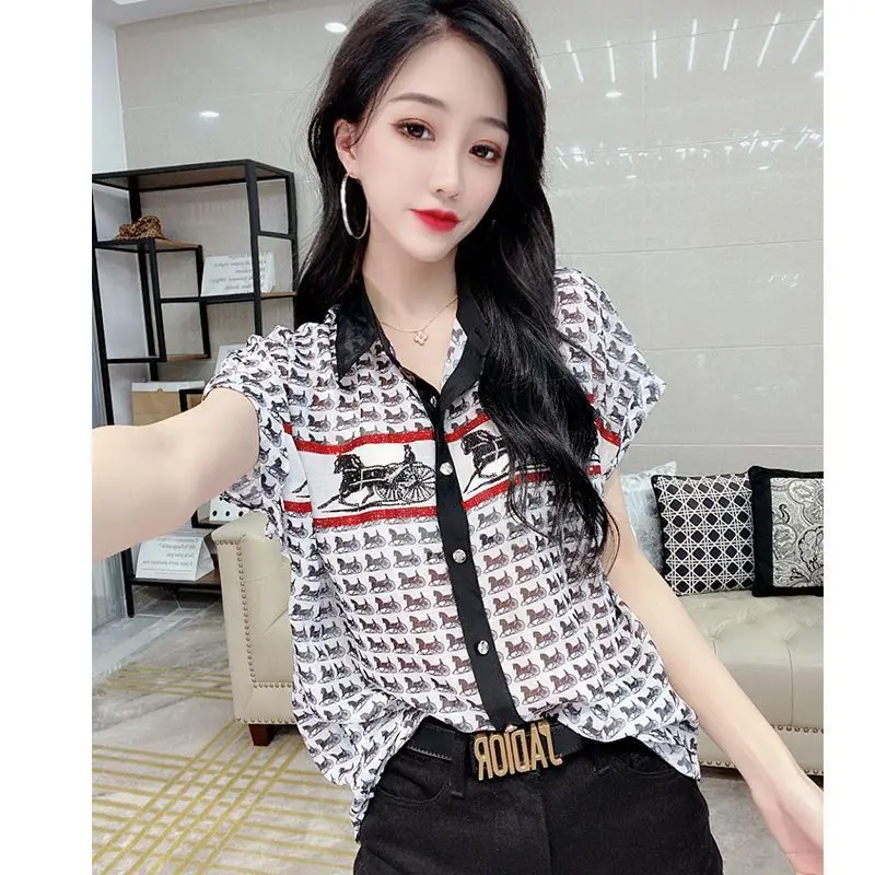 Fashion Lapel Spliced Button Printed Shirt Women's Clothing 2023 Spring New Oversized Casual Tops All-match Commute Blouse